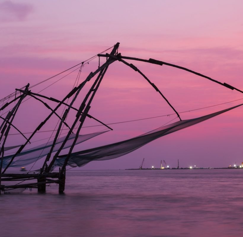 Chinese fishnets on sunset. Kochi, Kerala, India